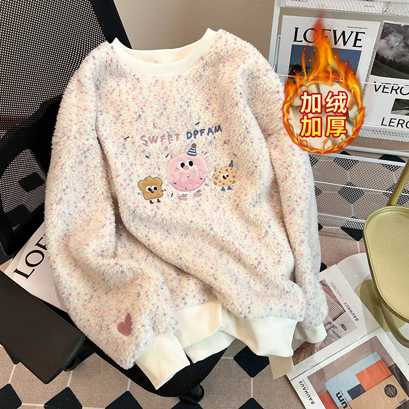 實拍羊羔絨複合真超750克2024新款衛衣女冬加絨刺繡圓領上衣