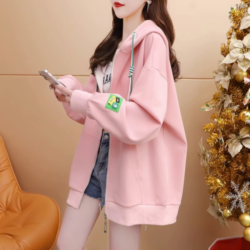 The first imitation cotton Chinese cotton composite non-pilling spring and autumn thin hooded loose versatile zipper sweatshirt women's jacket top