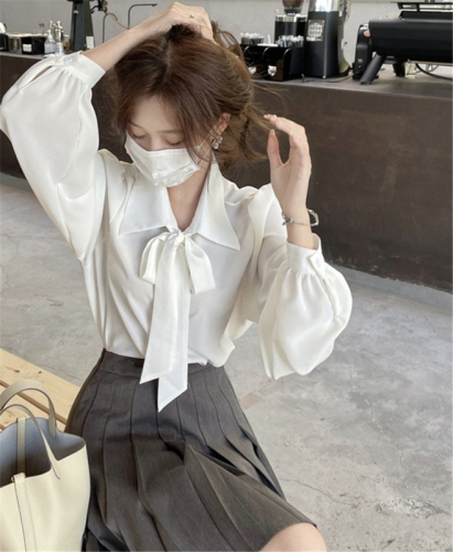 Official Photo Bow White Shirt Women's Design Niche Spring and Autumn Premium Long Sleeve Casual OL Temperament Top