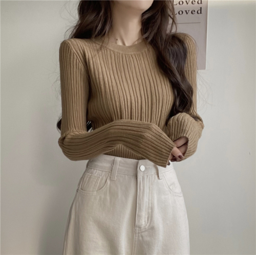实拍 秋冬韩版修身圆领纯色别致设计感安迪绒针织打底女毛衣