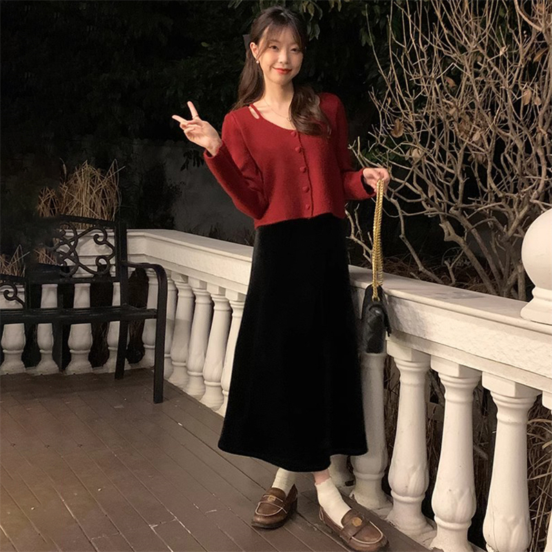 秋冬愛心扣露肩針織開衫半身裙冬季新款韓系優雅氣質氛圍感兩件套