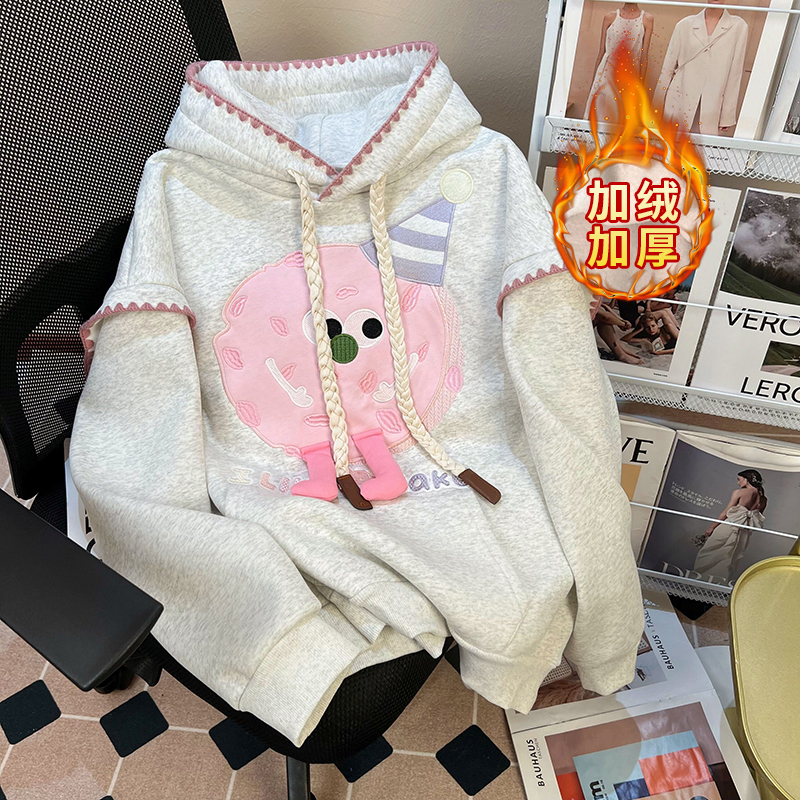 實拍華棉複合加絨衛衣女刺繡花2024韓版寬鬆秋冬保暖上衣女裝