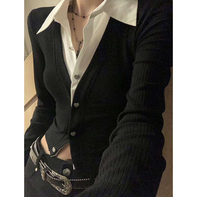 POLO領長袖襯衫女春撞色假兩件新款開衫辣妹修身彈力短款露臍上衣