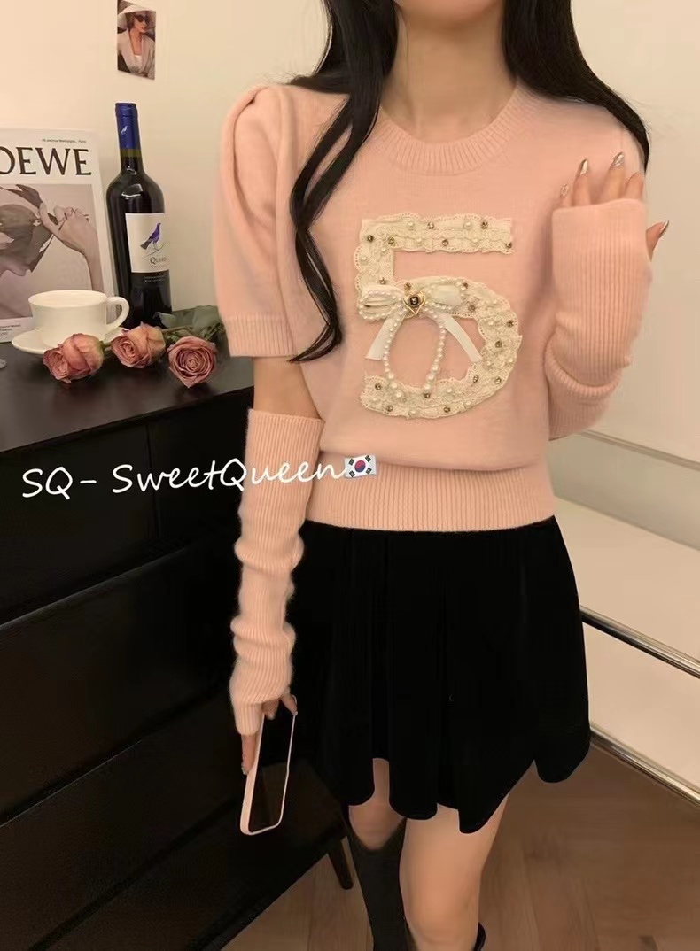 SQ 純欲溫柔短款分袖套泡泡袖毛衣女秋冬新款懶惰設計針織衫上衣