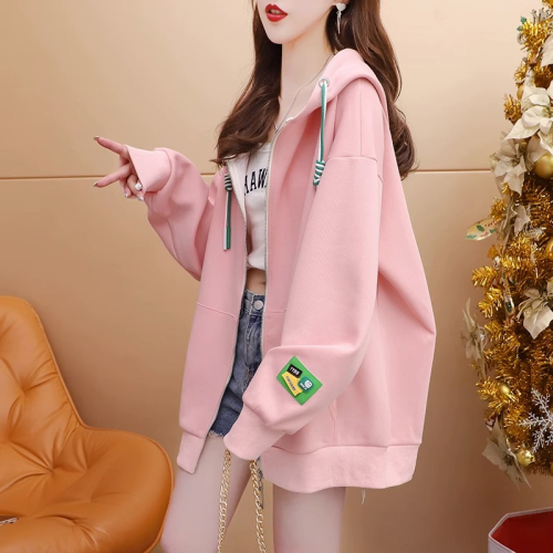 The first imitation cotton Chinese cotton composite non-pilling spring and autumn thin hooded loose versatile zipper sweatshirt women's jacket top