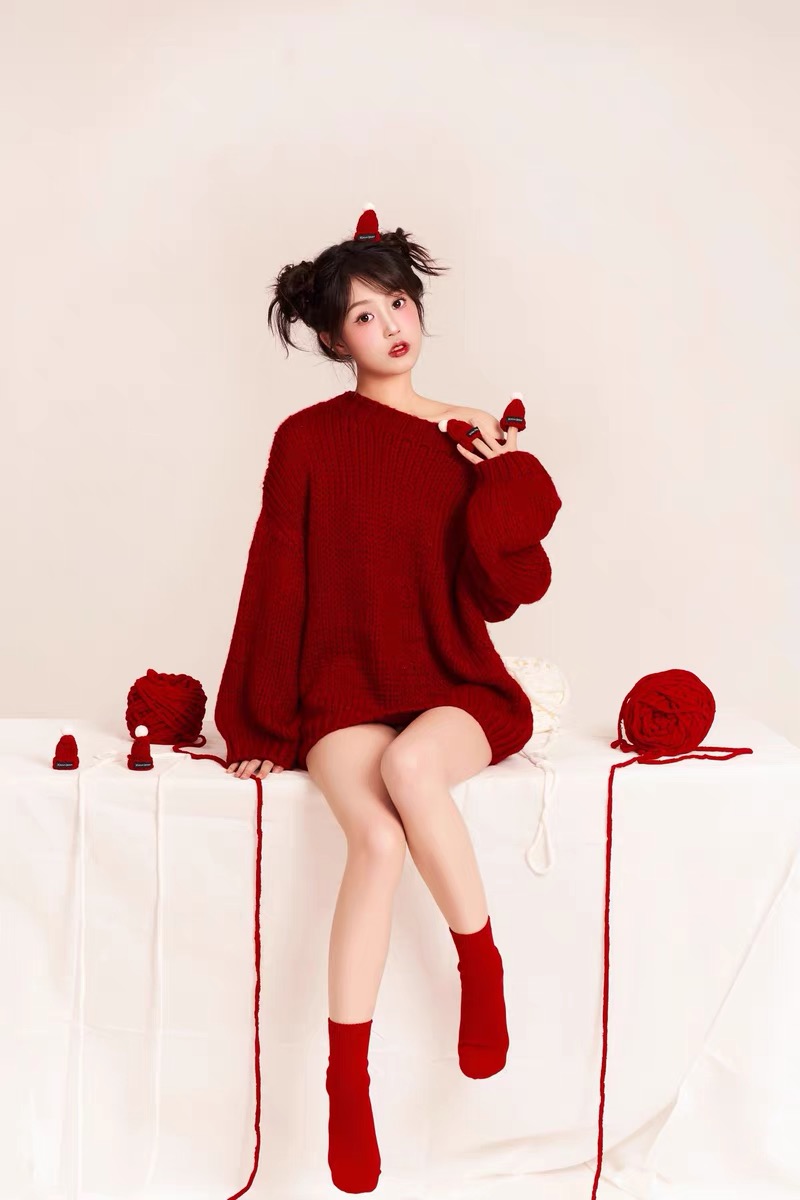 韓系高級感新年紅色寬鬆套頭針織衫女冬季氛圍感慵懶風中長款毛衣