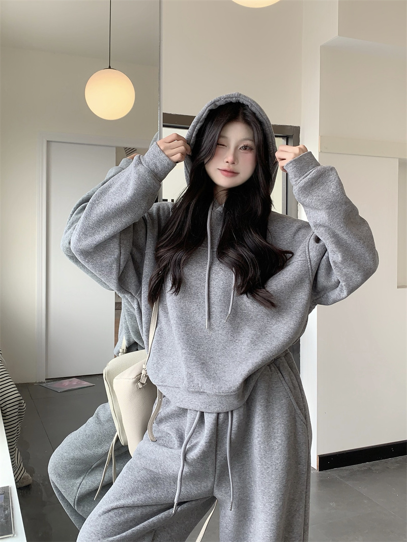 Real shot hooded sweatshirt casual trousers suit autumn and winter velvet thickened casual sports two-piece set for women
