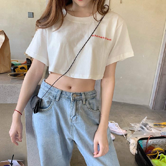 2024網紅T恤女白色短款漏肚臍女學生ins上衣