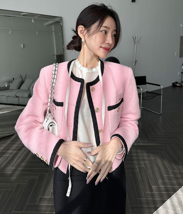 ！韓國ins高貴時尚精緻設計粉色小香風外套鑲邊甜美長袖女裝