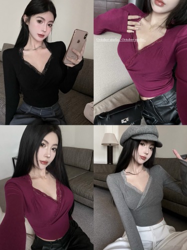 Real shot of lace splicing slimming V-neck long-sleeved T-shirt top worn inside and outside bottoming top