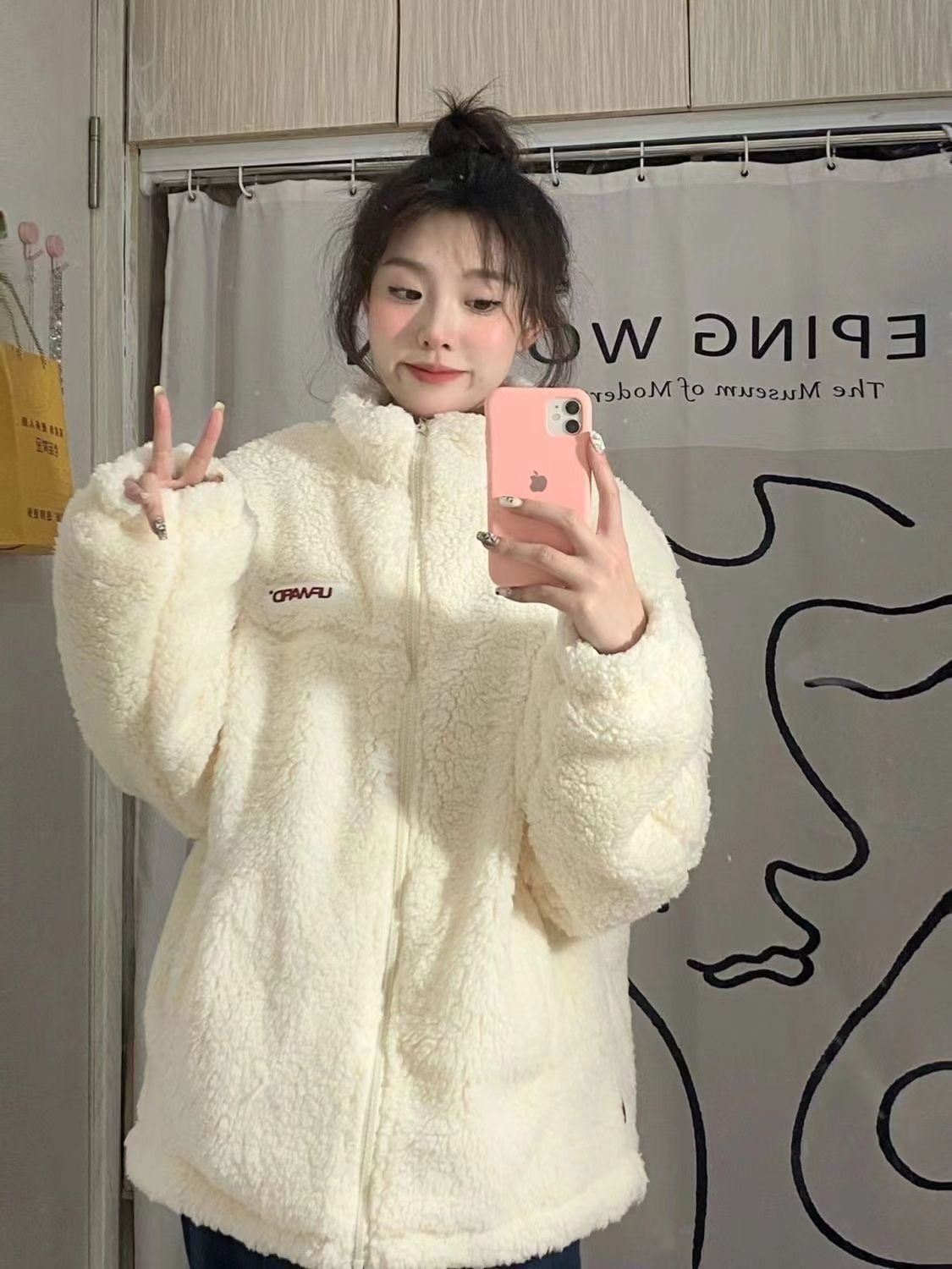 鹽系減齡甜酷風小個子羊羔絨外套女冬季加絨加厚寬鬆polo領衛衣