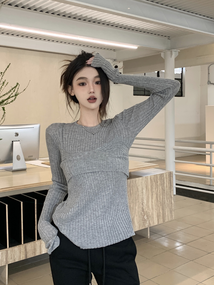 實拍 美式復古辣妹修身疊穿毛衣背心兩件套