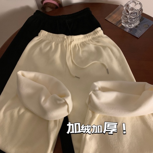 Real shot of autumn and winter velvet thickened cream wide-leg pants high-waist drape loose straight corduroy warm pants