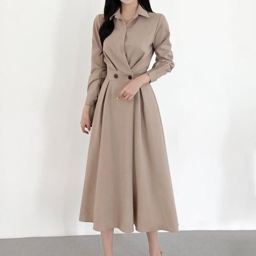 Size update Korean chic spring French niche design waist slimming long-sleeved buttoned dress