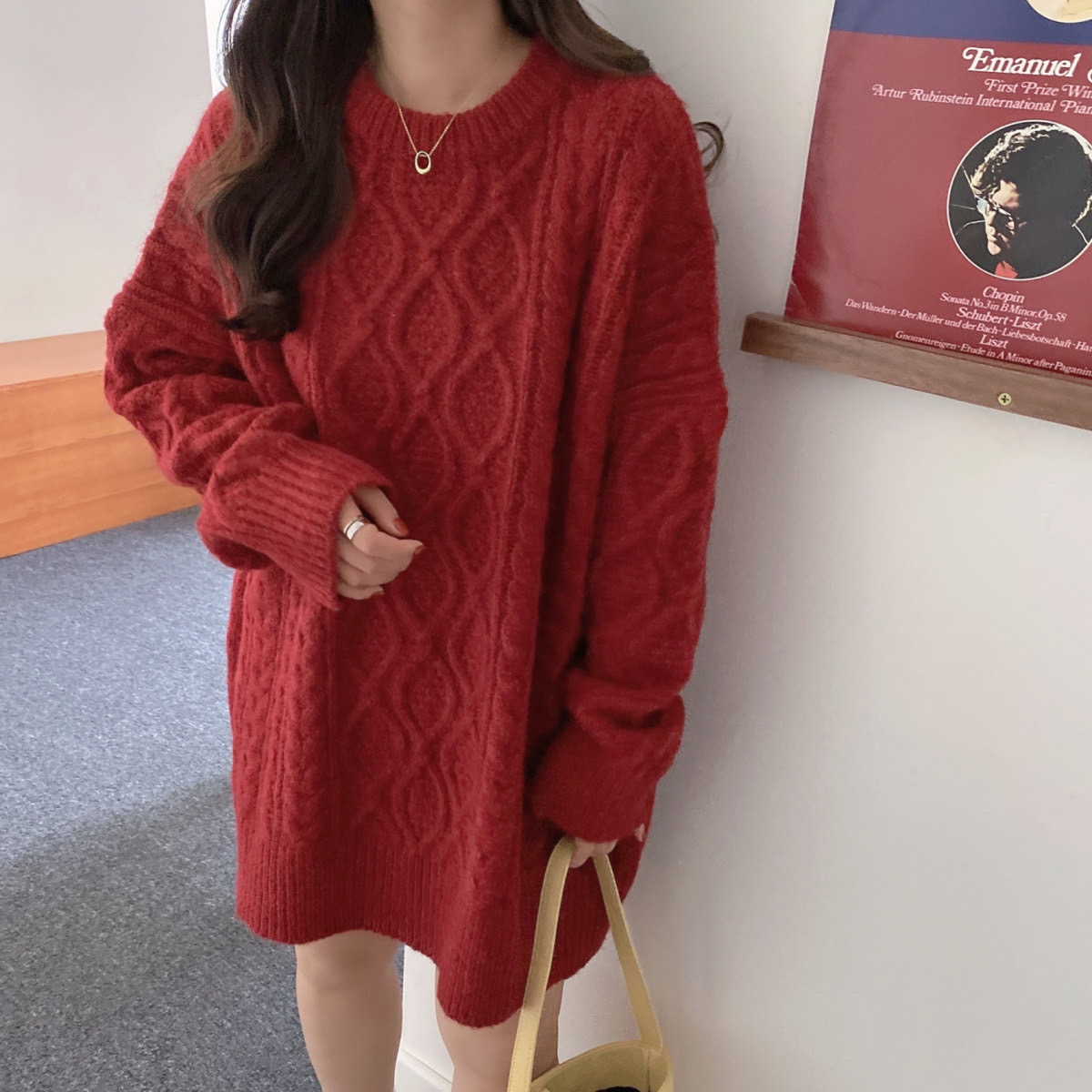 慵懶風復古高級感麻花中長款針織衫女秋冬外穿百搭寬軟糯糯毛衣