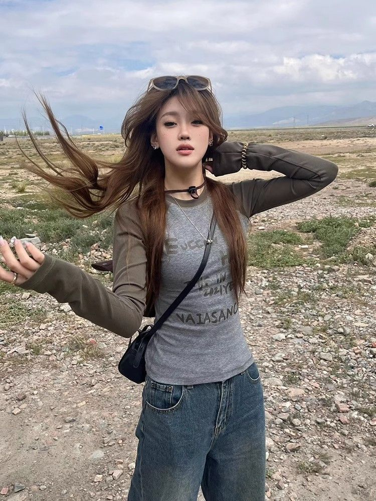 設計感小眾2024春季新款美式正肩撞色長袖t恤女內搭修身短款上衣