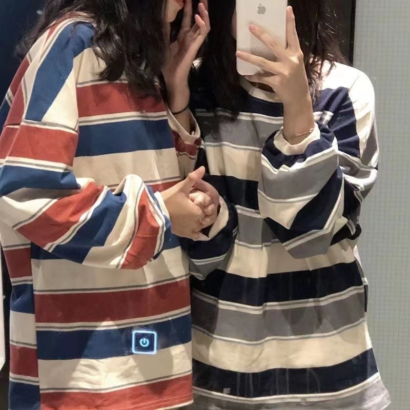 2024春季新款韓版寬鬆條紋長袖t恤女ins網紅學生百搭薄款上衣服