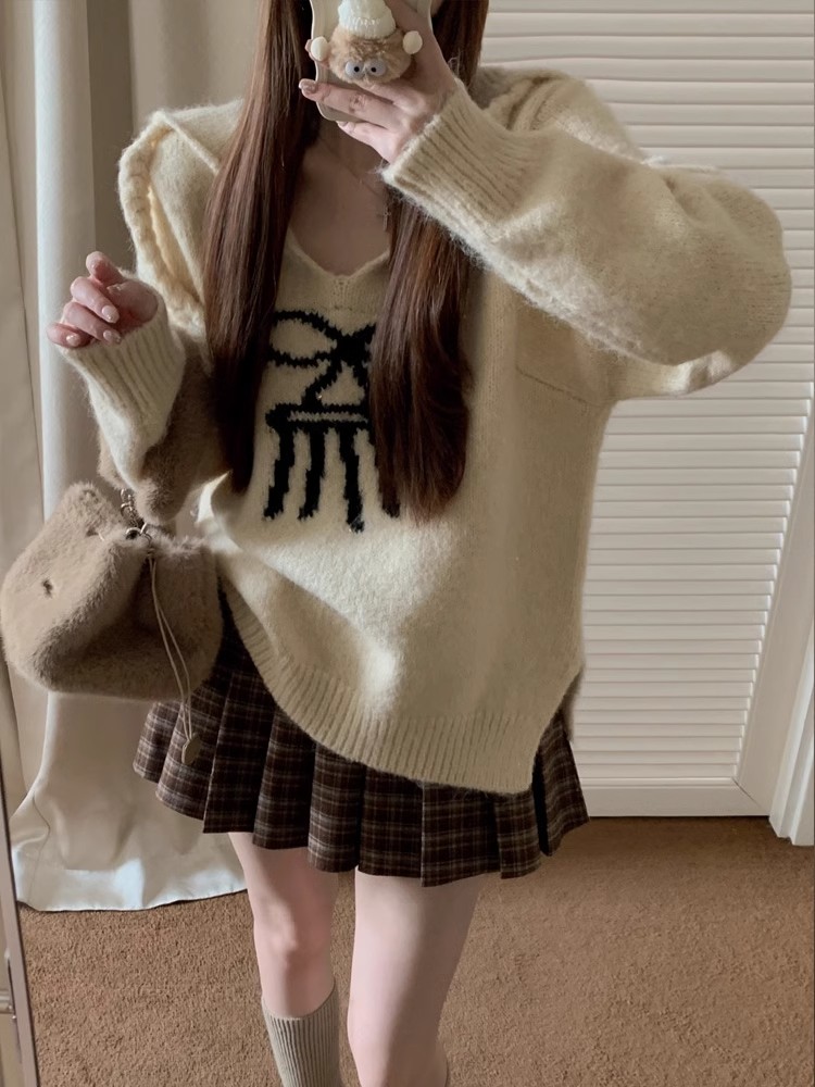 美式復古V領小椅子刺繡連帽毛針織衫女秋冬寬鬆慵懶風百搭毛衣