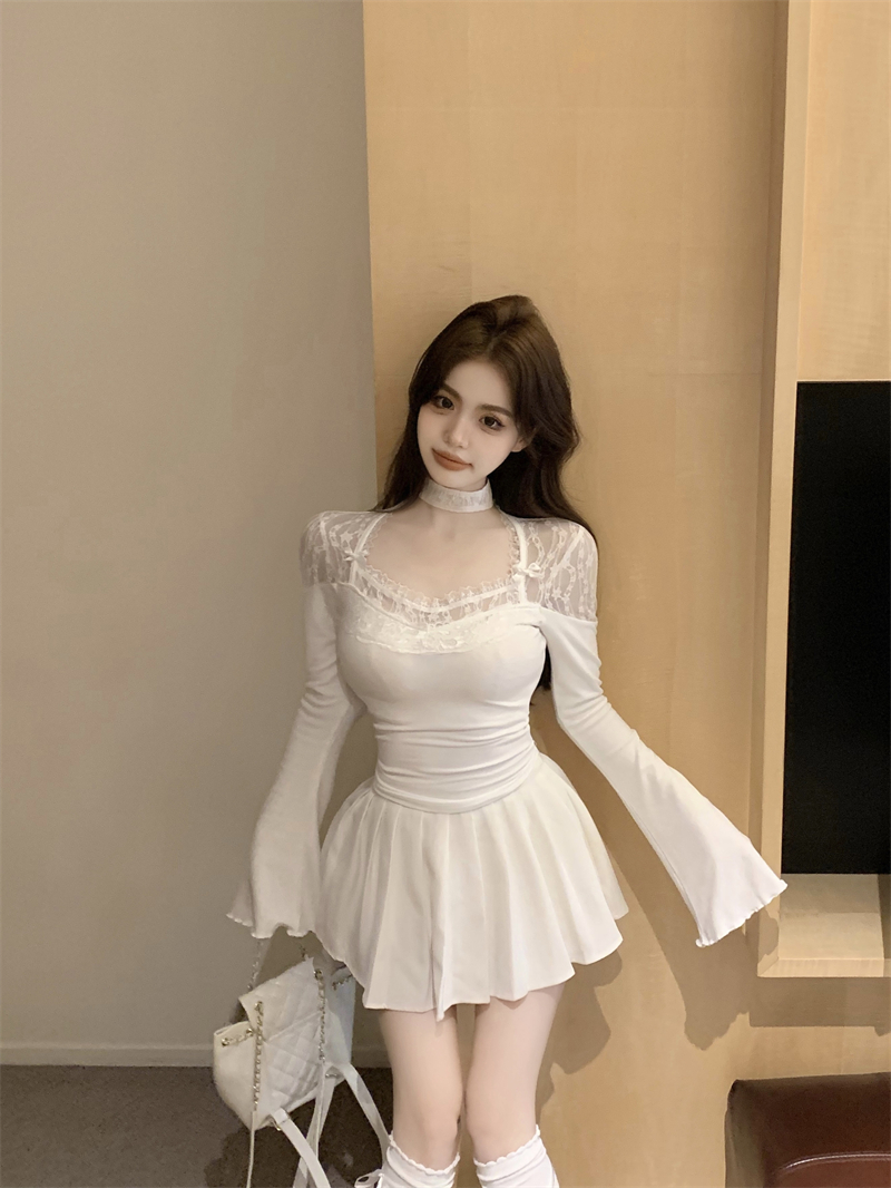 Real shot~Pure desire long-sleeved top with lace splicing slim fit T-shirt white inner layering shirt