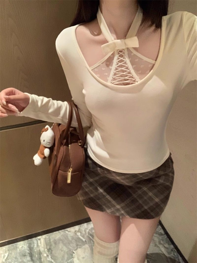 設計感小眾2024春季新款純欲掛脖T恤女打底蝴蝶結內搭短款上衣潮