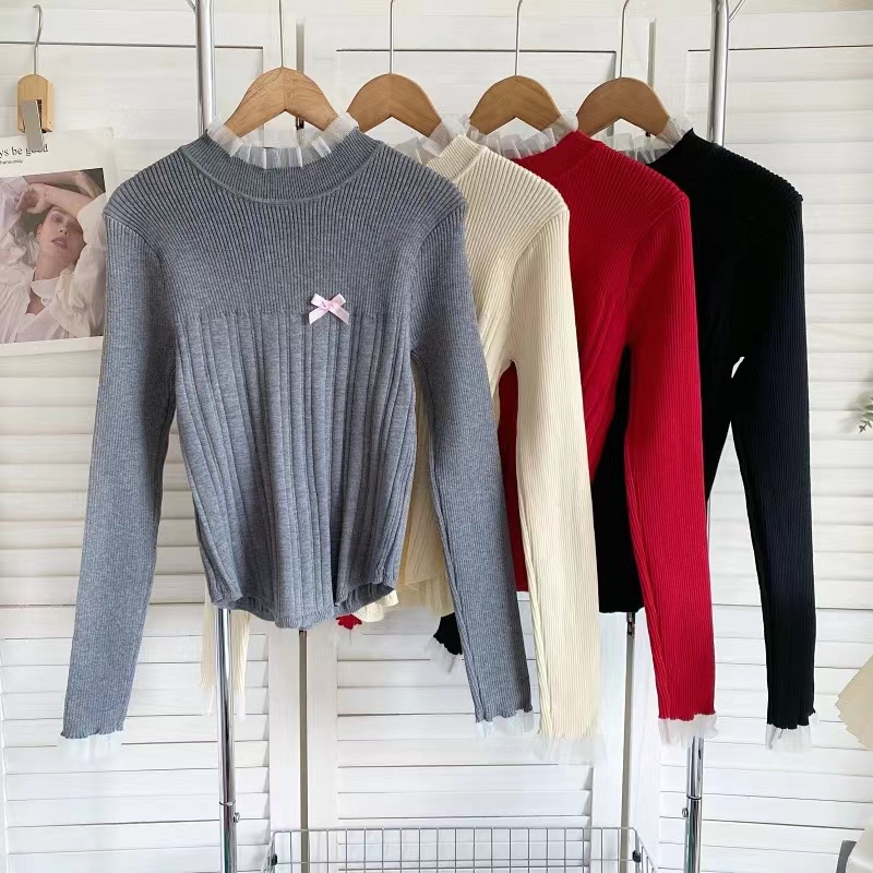 Bow knot sweater for women in autumn and winter new inner design high-end half turtleneck knitted bottoming shirt