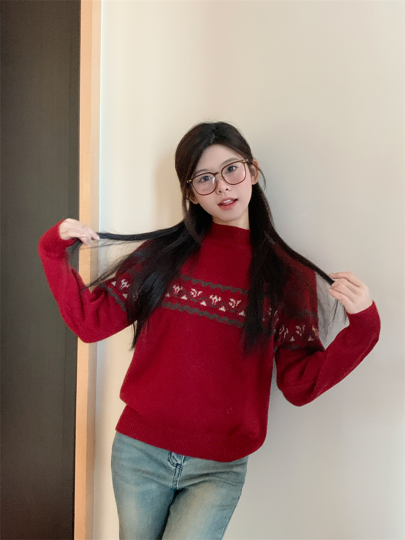 Actual shot of new winter contrasting color wave pattern ethnic style jacquard honey bear velvet sweater for women warm knitted sweater