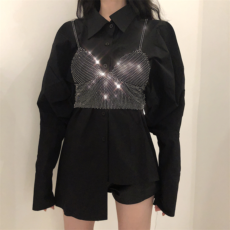 實拍~ 泡泡袖宮廷風襯衫中長款+手工縫製閃閃鑽石背心外穿