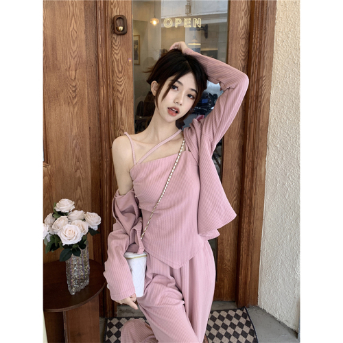 Original three-piece temperament age-reducing pink fashion suit for women spring irregular cardigan wide-leg pants