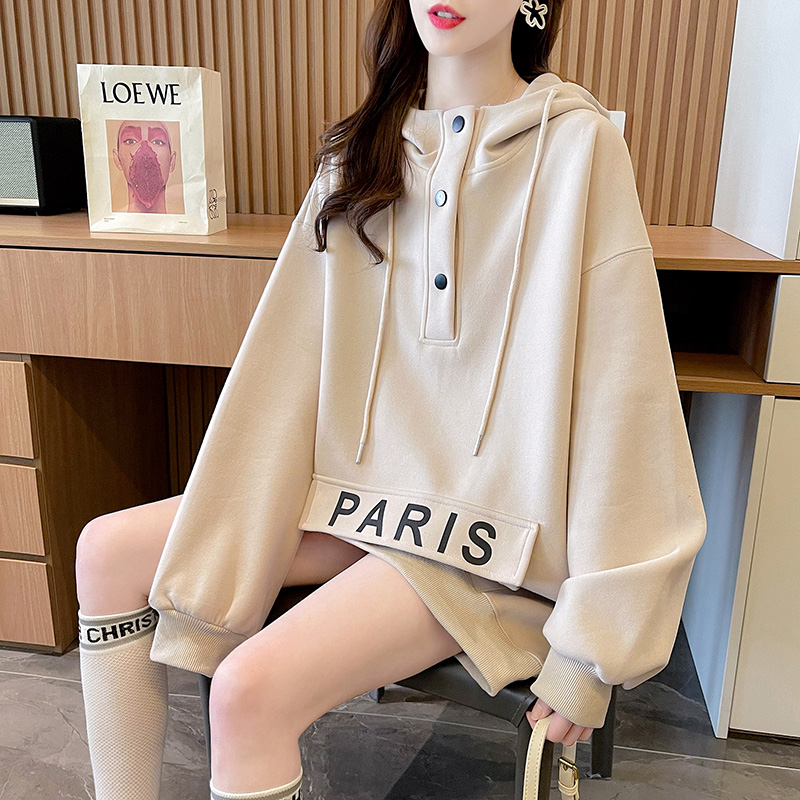 The first imitation cotton Chinese cotton composite non-pilling thin lazy style casual loose versatile hooded sweatshirt women's trendy top