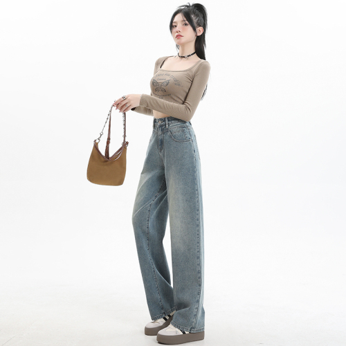 Actual shot ~ 2024 new spring clothing Korean version versatile high-waisted trendy straight pants wide-leg pants women's jeans trousers