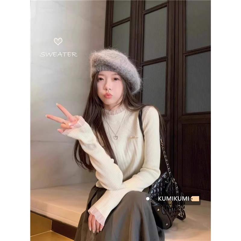設計感蕾絲花邊拼接坑條針織衫女冬季修身別致打底衫套頭灰色上衣