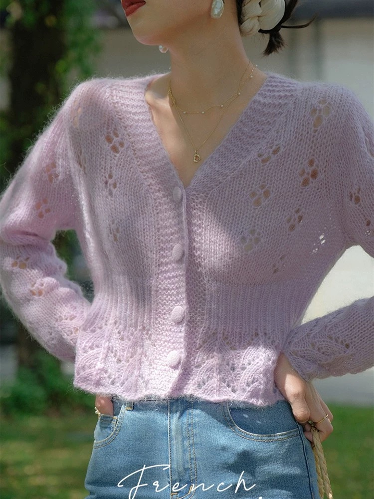 Early spring new style retro French gentle hollow waist mohair thin sweater cardigan sweater jacket