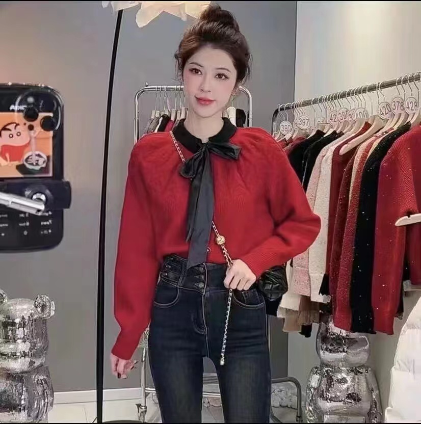 Korean style red sweater for women 2024 new winter lazy style bow knitted sweater cardigan fashionable top