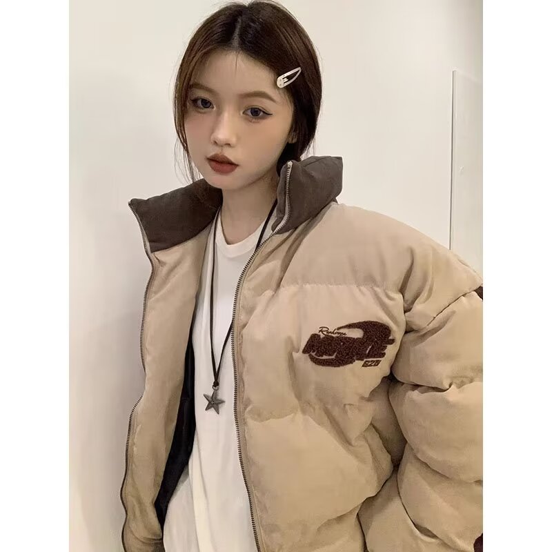 美式復古高級感立領男女同款小眾潮牌字母刺繡拼接保暖外套