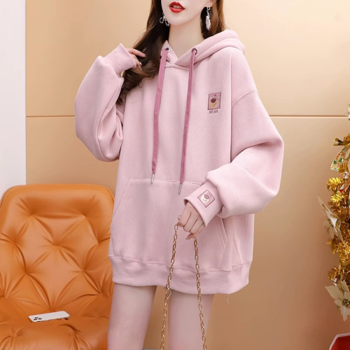 First release of imitation cotton Chinese cotton composite non-pilling thin spring and autumn hooded Korean style loose sweatshirt women's trendy tops