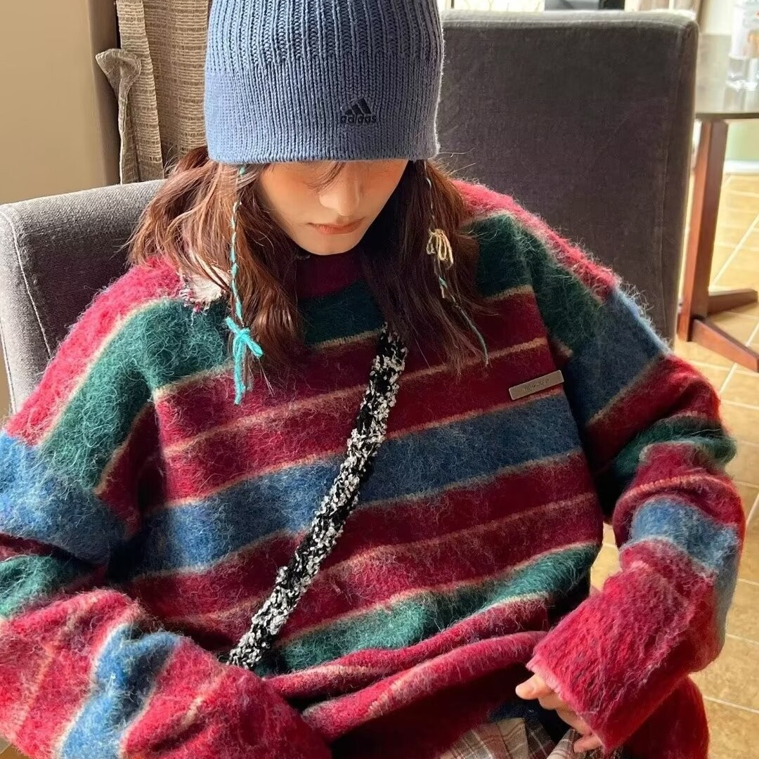美式復古慵懶風軟糯撞色條紋毛衣男女秋冬圓領寬鬆休閒情侶針織衫