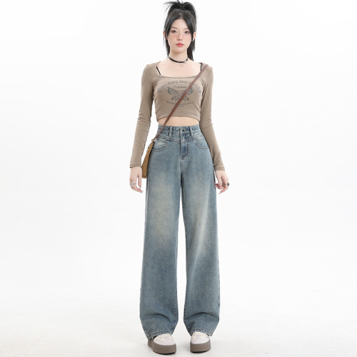 Actual shot ~ 2024 new spring clothing Korean version versatile high-waisted trendy straight pants wide-leg pants women's jeans trousers