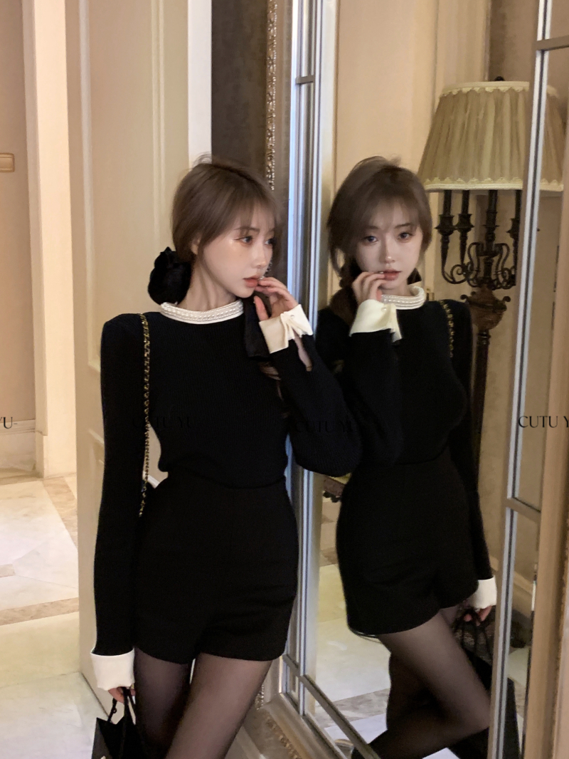 Actual shot of French rich daughter's top, pearl collar Hepburn sweater + four seasons high waist shorts