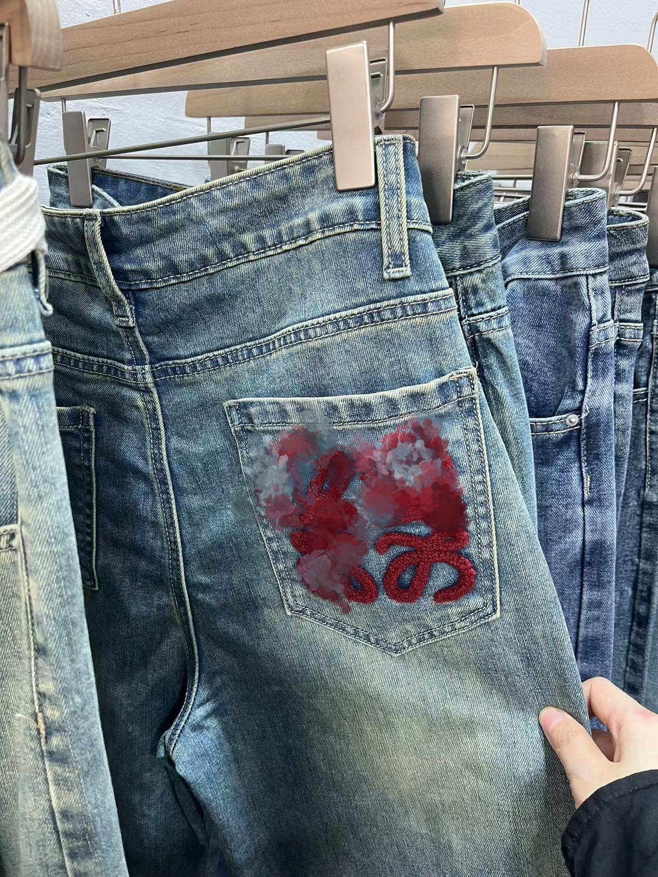 拼色刺繡直筒牛仔褲女春季新款高腰大碼寬鬆胖mm梨形身材顯