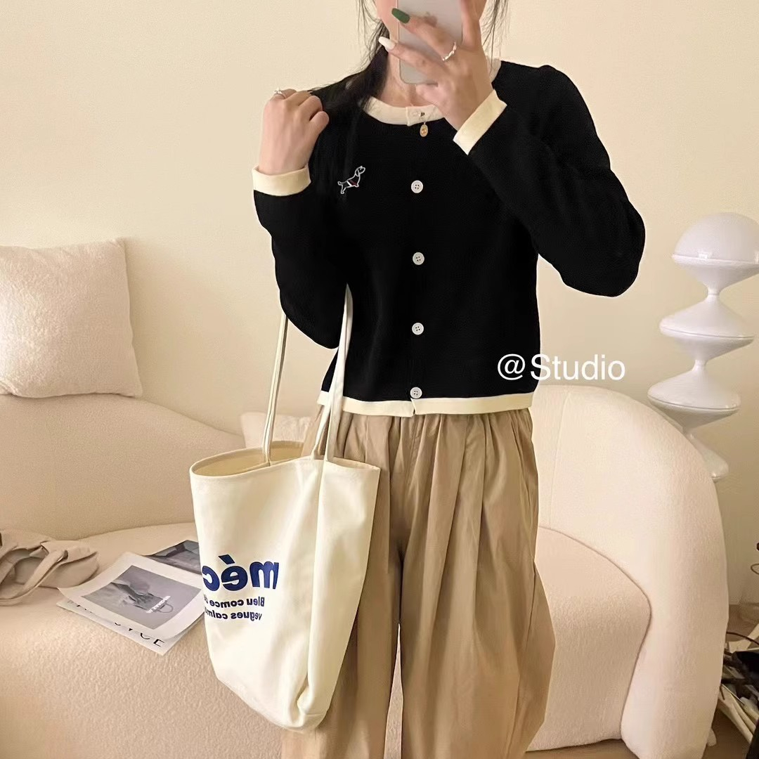 小眾韓版溫柔氣質小狗刺繡印花撞色針織開衫女秋長袖毛衣外套ins