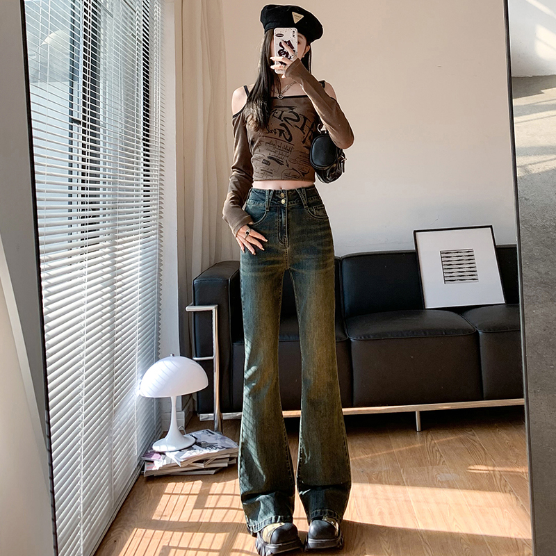 實拍早春裝新款復古懷舊喇叭褲彈力修身顯瘦牛仔褲女秋冬長褲加長