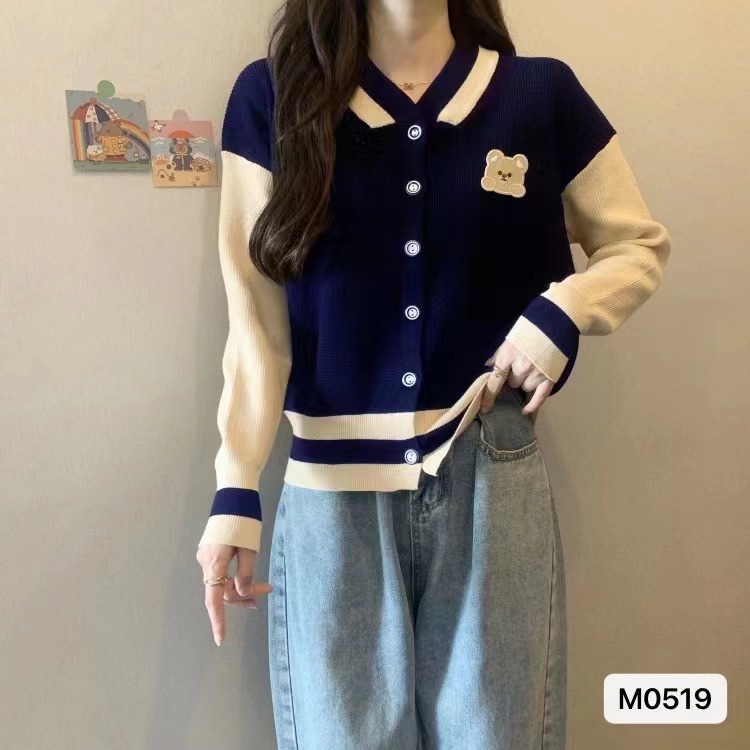 秋冬新款韓系溫柔學院風圓領小熊拼色寬鬆外套