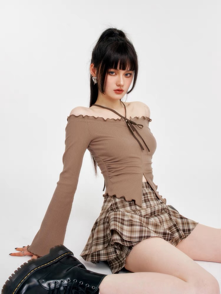 純欲甜美少女波浪邊一字肩短款上衣格紋高腰顯瘦褲裙小個子春套裝