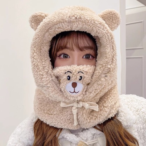 Bear hat for cycling, warm and cute, windproof and cold-proof scarf, one-piece hood, neck scarf, electric bike hat, winter