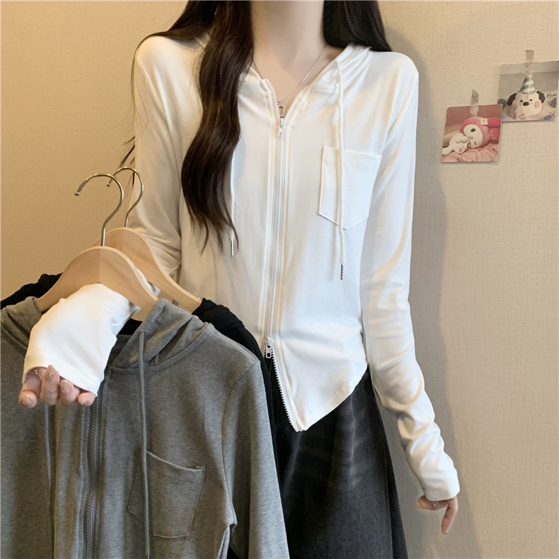 Real shot spring slimming zipper long-sleeved T-shirt Korean style short versatile cardigan jacket women's top