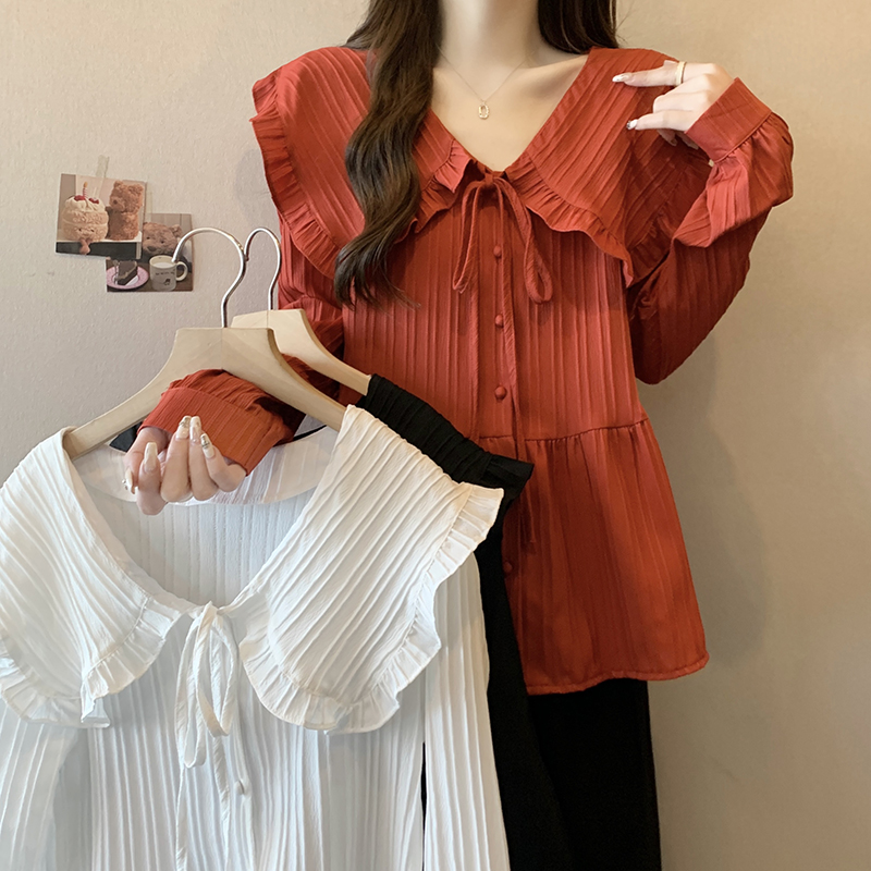 Actual shot of 2024 spring new style fat mm plus size women's versatile doll collar fungus lace lace-up top shirt