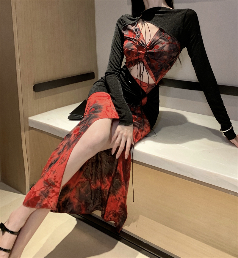 實拍~2024春辣妹扎染紅色植絨花拼接層次抽繩鏤空開車連衣裙
