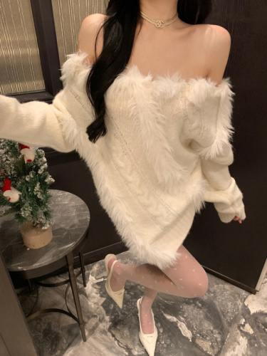 Real shot~ One-shoulder design heavy wool sweater sweater for women in autumn and winter small people splicing top