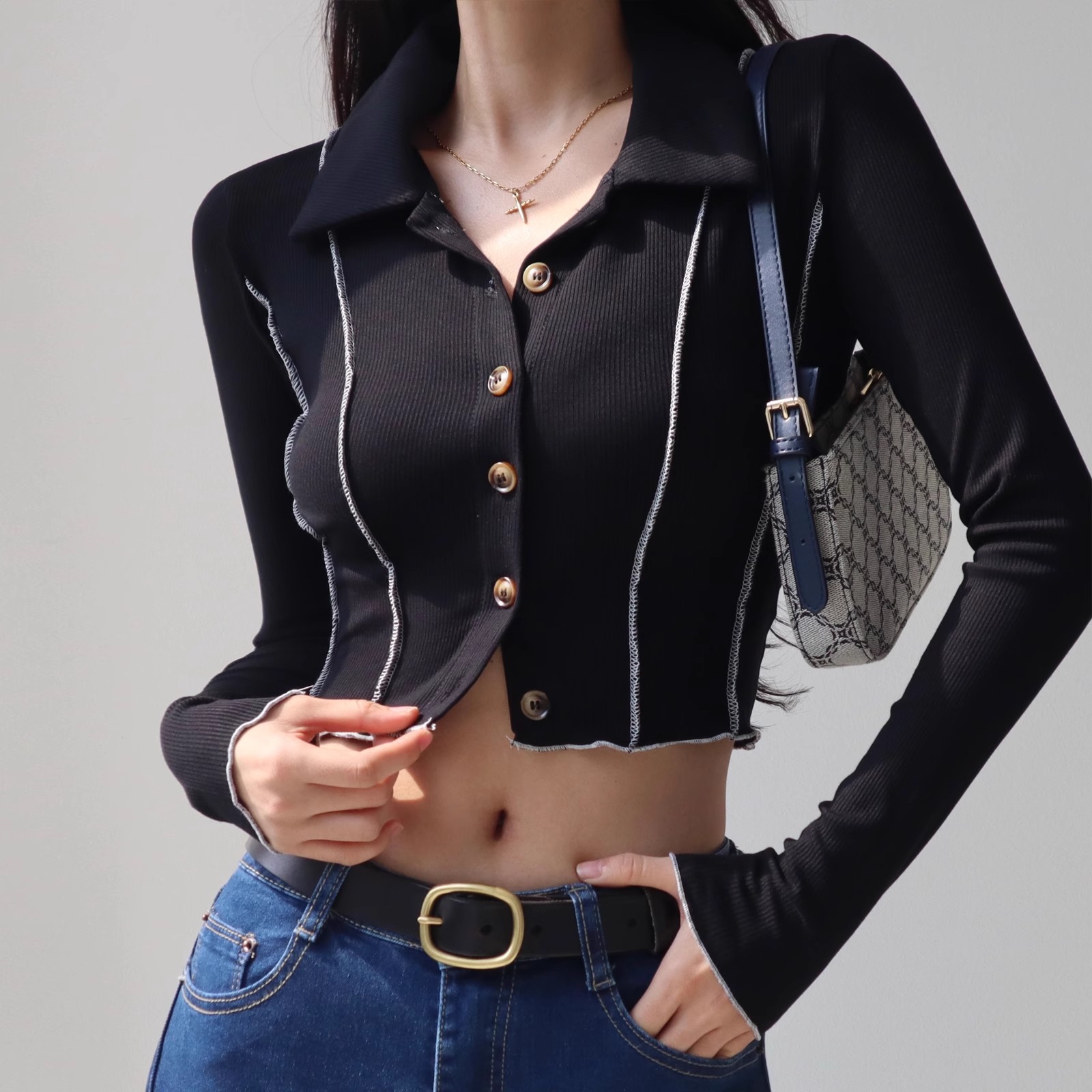 American retro topstitched lapel long-sleeved T-shirt for women high-waisted elastic slim slimming single-breasted buttoned bottoming shirt