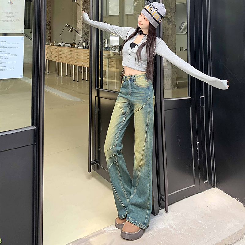 實拍~高街御姐｜小眾美式｜2024水洗做舊牛仔褲女顯瘦喇叭拖地褲